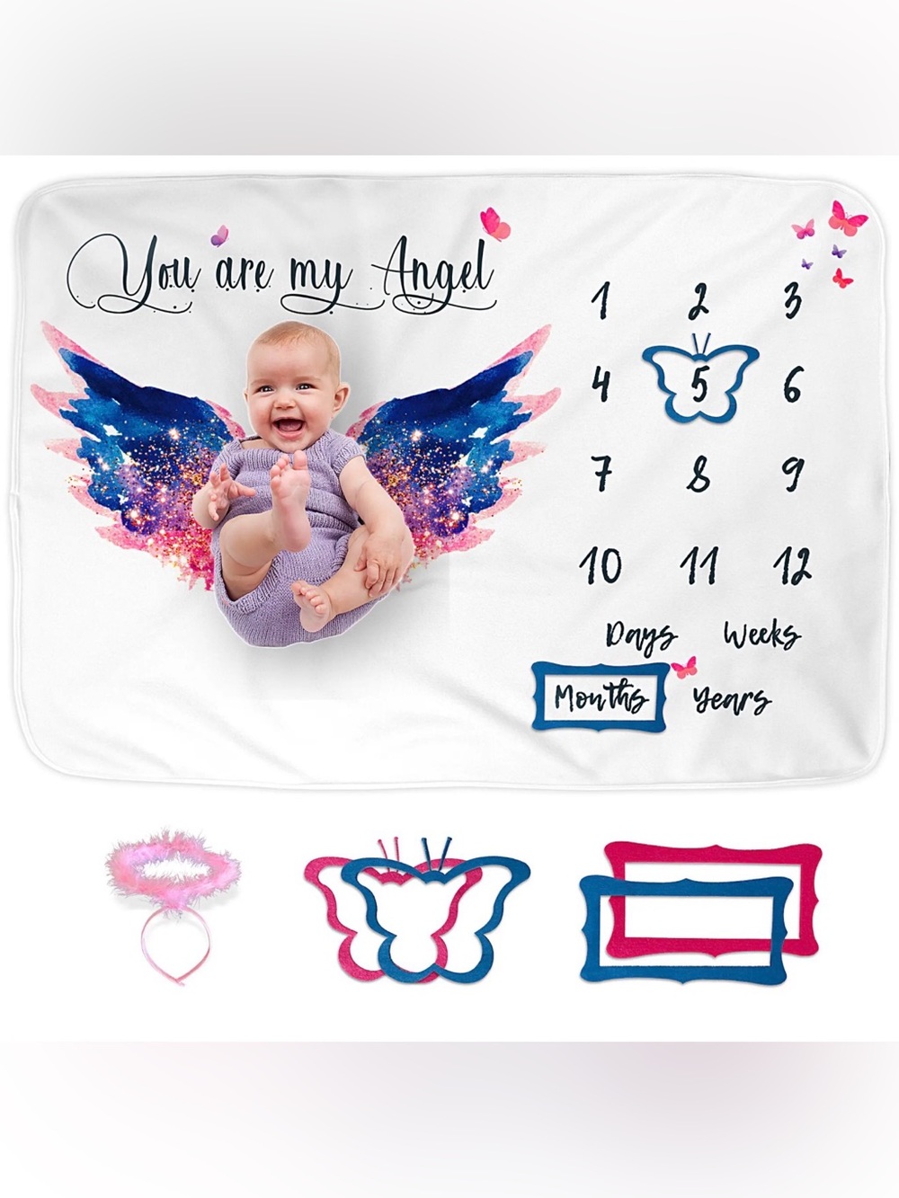 You Are My Angel Baby Milestone Blanket - White with Pink & Blue Wings